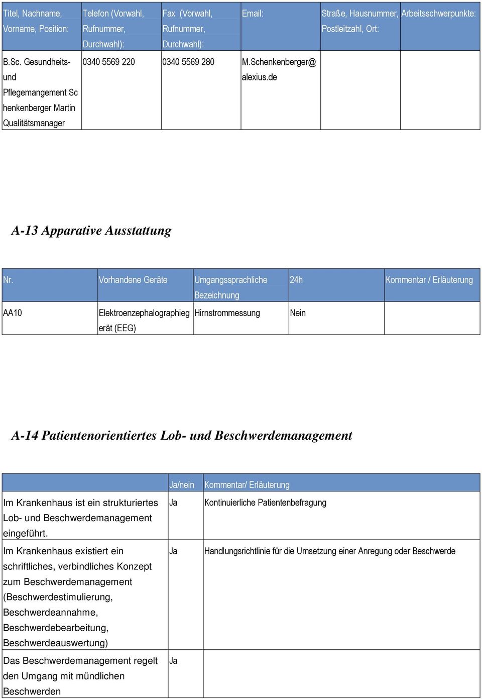 Schenkenberger@ alexius.de Straße, Hausnummer, Arbeitsschwerpunkte: Postleitzahl, Ort: A-13 Apparative Ausstattung Nr.