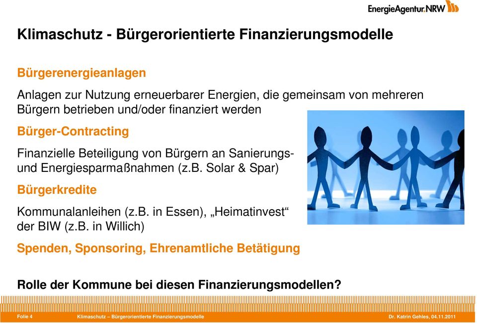 b. in Essen), Heimatinvest der BIW (z.b. in Willich) Spenden, Sponsoring, Ehrenamtliche Betätigung Rolle der Kommune bei diesen Finanzierungsmodellen?