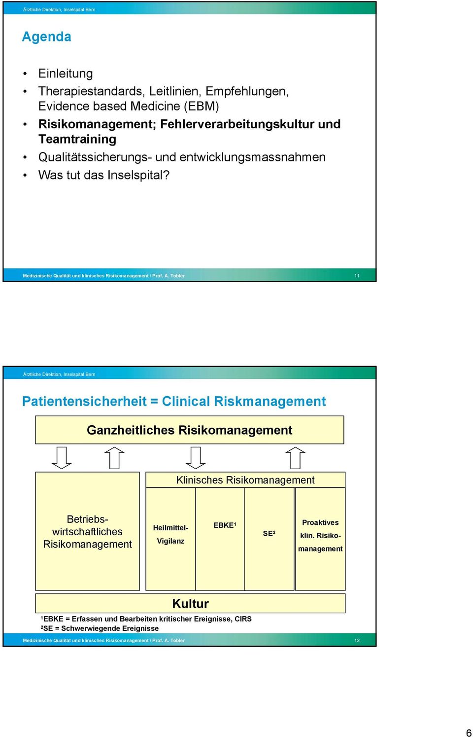 Tobler 11 Patientensicherheit = Clinical Riskmanagement Ganzheitliches Risikomanagement Klinisches Risikomanagement Betriebswirtschaftliches Risikomanagement Heilmittel-