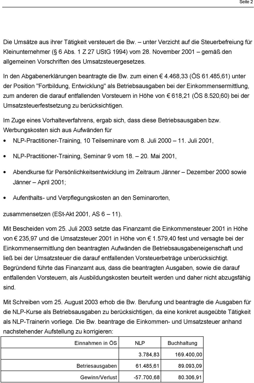 485,61) unter der Position "Fortbildung, Entwicklung" als Betriebsausgaben bei der Einkommensermittlung, zum anderen die darauf entfallenden Vorsteuern in Höhe von 618,21 (ÖS 8.