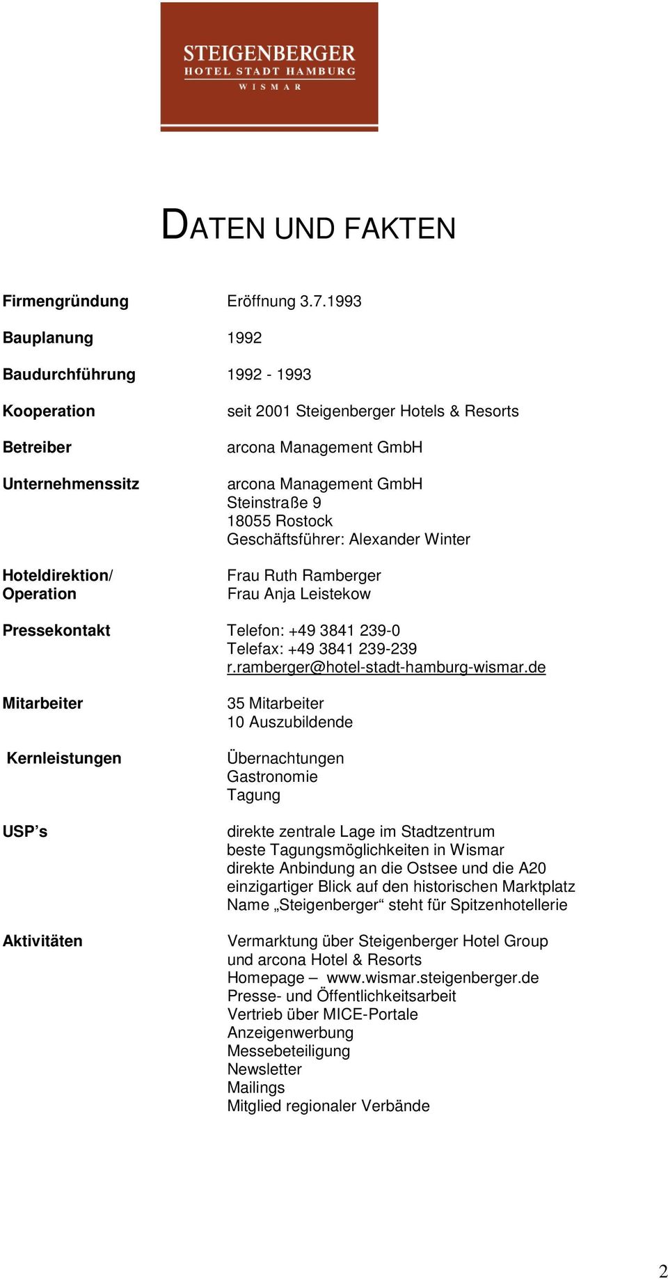 Steinstraße 9 18055 Rostock Geschäftsführer: Alexander Winter Frau Ruth Ramberger Frau Anja Leistekow Pressekontakt Telefon: +49 3841 239-0 Telefax: +49 3841 239-239 r.