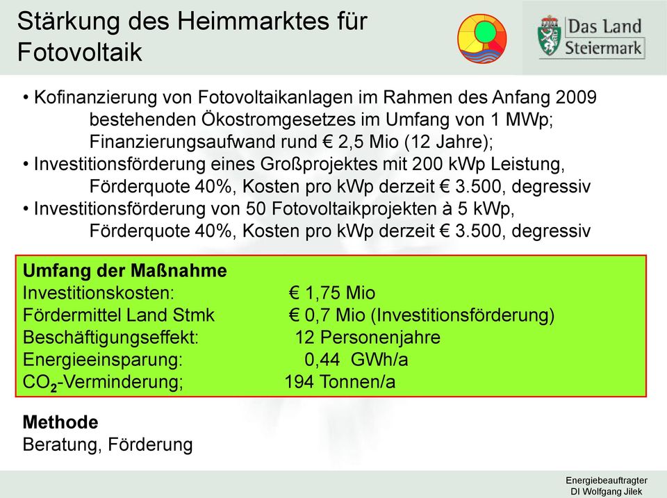 500, degressiv Investitionsförderung von 50 Fotovoltaikprojekten à 5 kwp, Förderquote 40%, Kosten pro kwp derzeit 3.