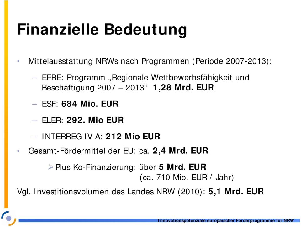 Mio EUR INTERREG IV A: 212 Mio EUR Gesamt-Fördermittel der EU: ca. 2,4 Mrd.