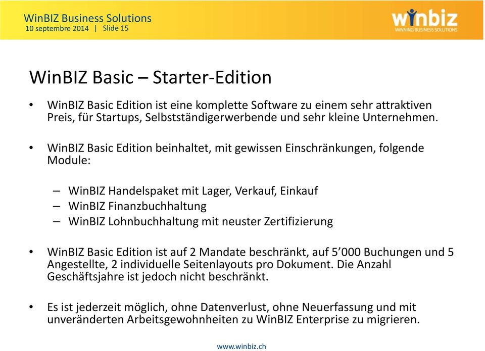 WinBIZ Basic Edition beinhaltet, mit gewissen Einschränkungen, folgende Module: WinBIZ Handelspaket mit Lager, Verkauf, Einkauf WinBIZ Finanzbuchhaltung WinBIZ Lohnbuchhaltung mit