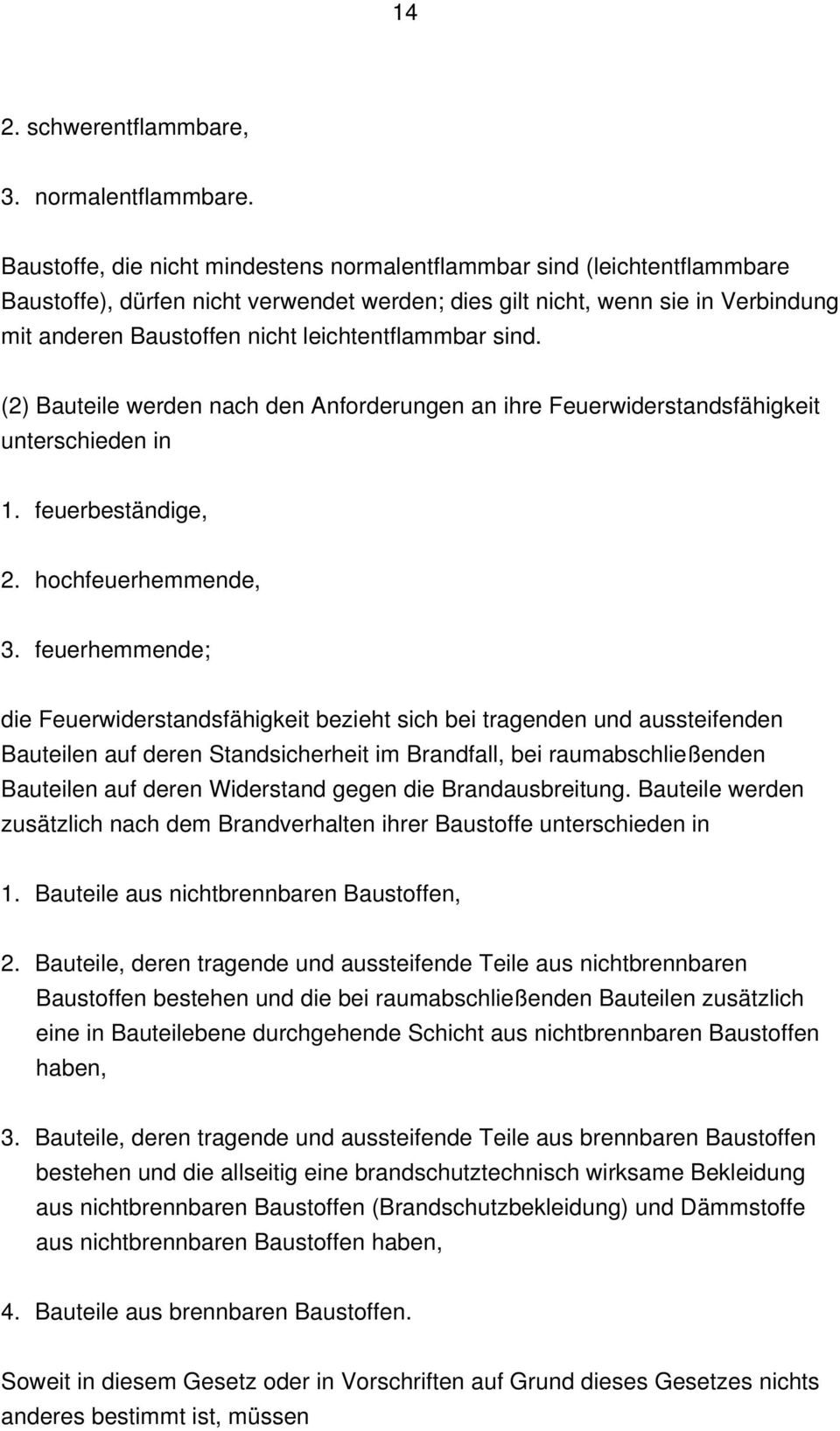 leichtentflammbar sind. (2) Bauteile werden nach den Anforderungen an ihre Feuerwiderstandsfähigkeit unterschieden in 1. feuerbeständige, 2. hochfeuerhemmende, 3.