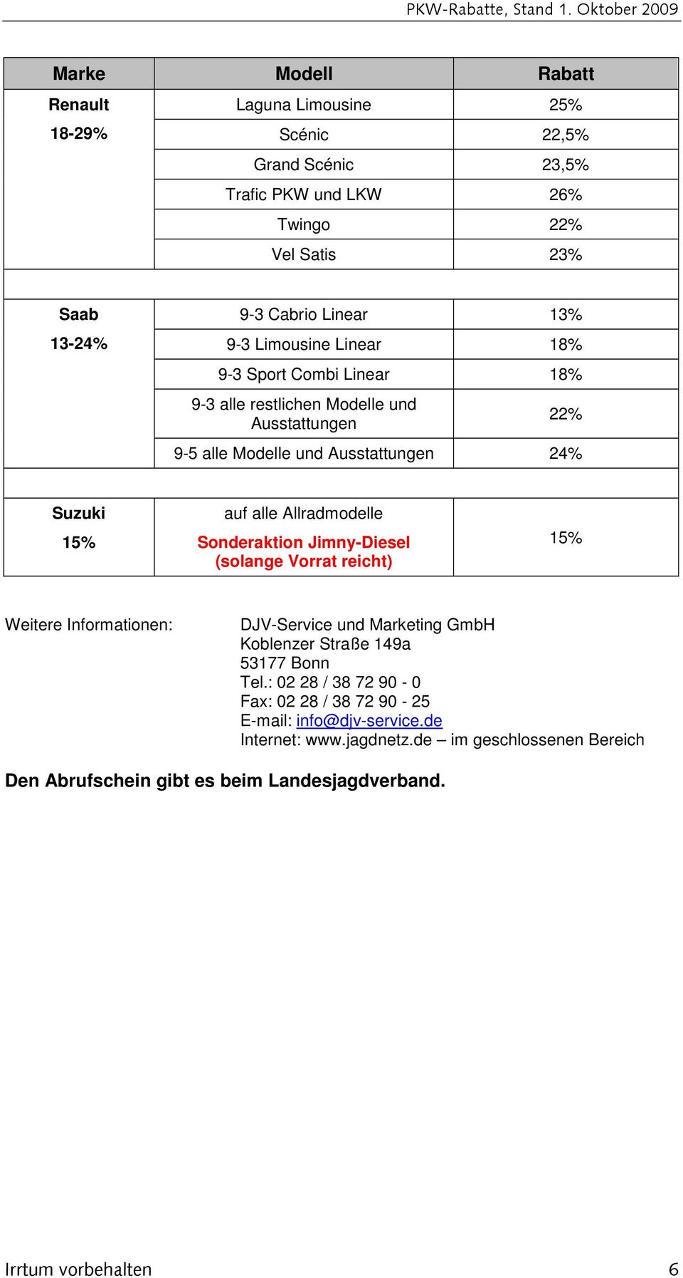 Allradmodelle Sonderaktion Jimny-Diesel (solange Vorrat reicht) 15% Weitere Informationen: DJV-Service und Marketing GmbH Koblenzer Straße 149a 53177 Bonn Tel.