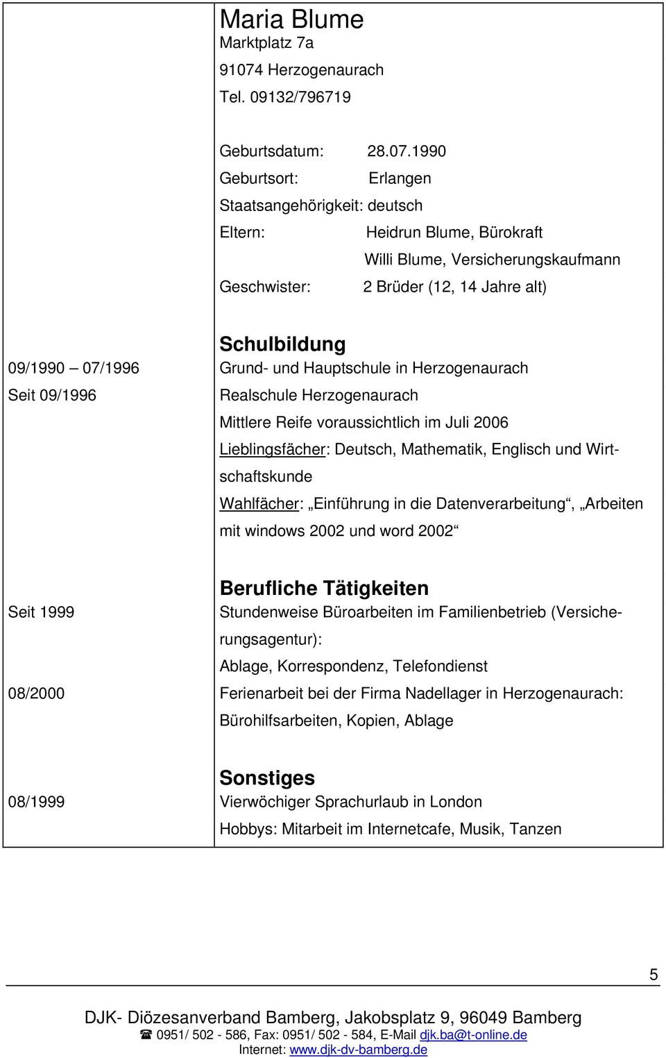 und Hauptschule in Herzogenaurach Seit 09/1996 Realschule Herzogenaurach Mittlere Reife voraussichtlich im Juli 2006 Lieblingsfächer: Deutsch, Mathematik, Englisch und Wirtschaftskunde Wahlfächer: