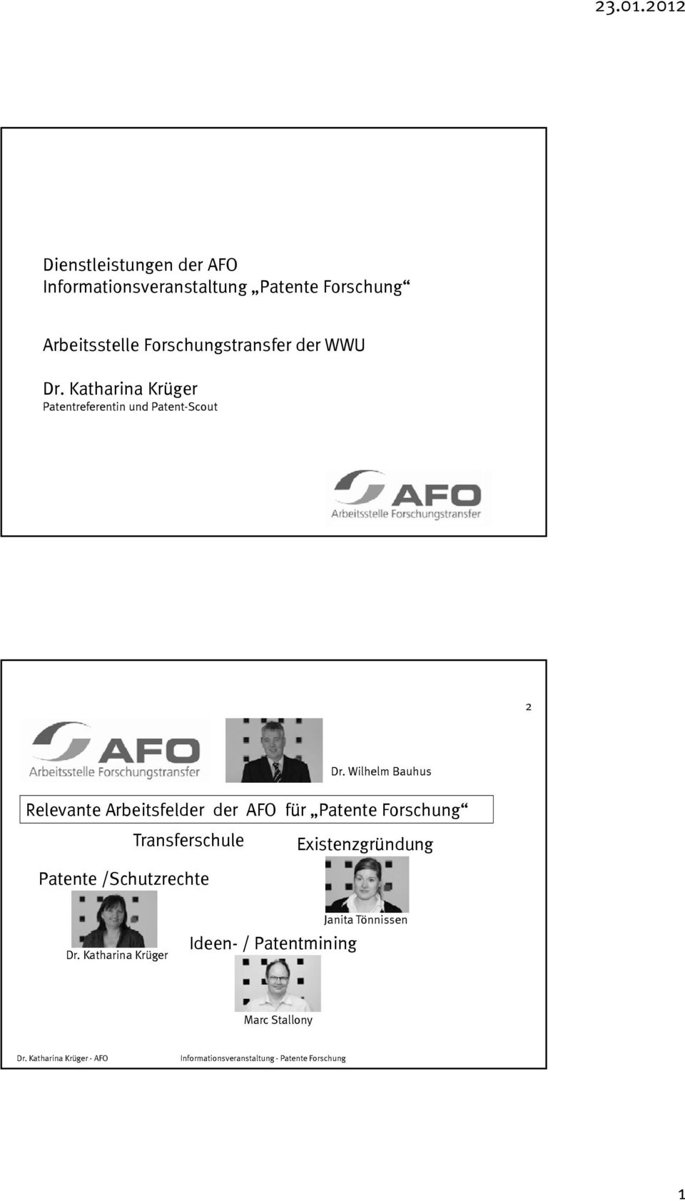 Wilhelm Bauhus Relevante Arbeitsfelder der AFO für Patente Forschung Transferschule Existenzgründung