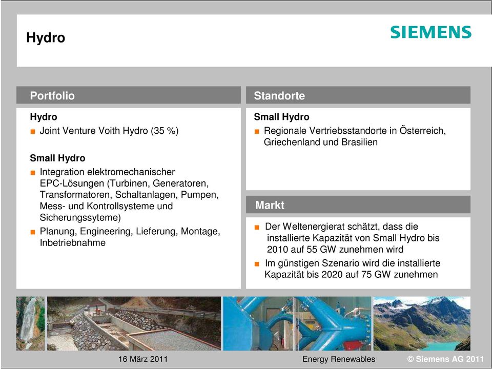 Inbetriebnahme Standorte Small Hydro Regionale Vertriebsstandorte in Österreich, Griechenland und Brasilien Markt Der Weltenergierat schätzt,