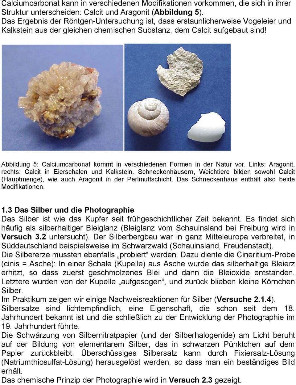 Abbildung 5: Calciumcarbonat kommt in verschiedenen Formen in der Natur vor. Links: Aragonit, rechts: Calcit in Eierschalen und Kalkstein.