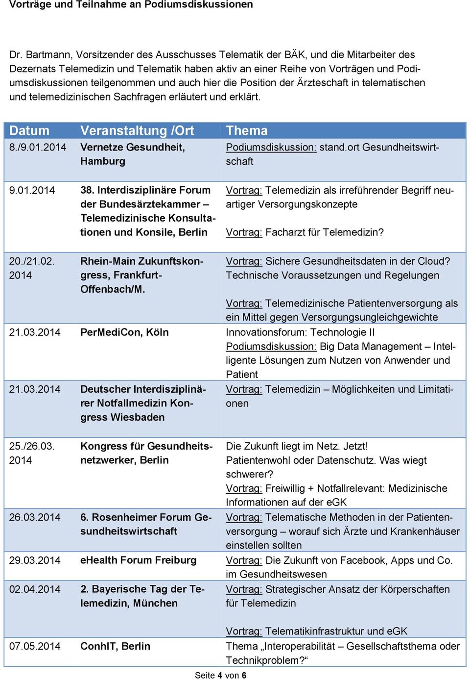 auch hier die Position der Ärzteschaft in telematischen und telemedizinischen Sachfragen erläutert und erklärt. Datum Veranstaltung /Ort Thema 8./9.01.