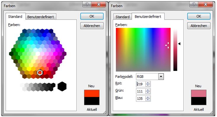 Auf der Registerkarte Standardfarben klickst du zur Farbauswahl auf eines der farbigen Sechsecke und anschließend auf OK.