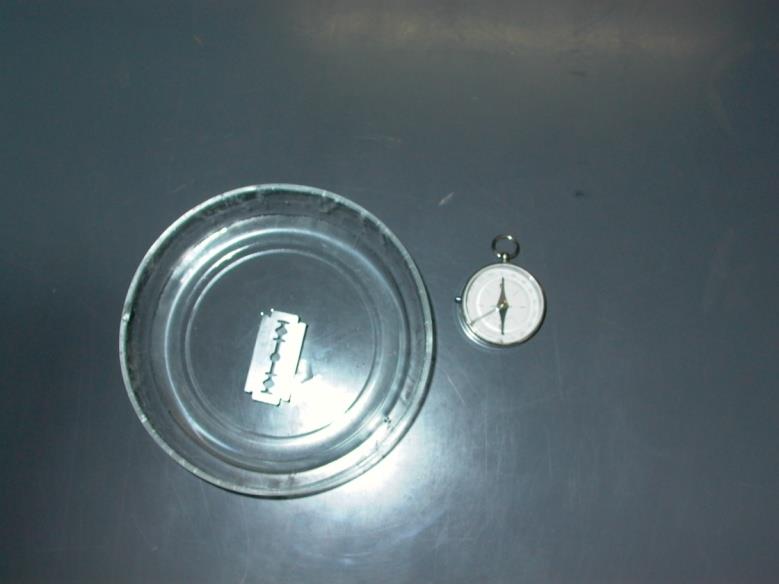 Kompass 4 Schälchen Wasser Rasierklinge (entschärft) / Nagel in Styropor Magneten Kompass (zur Überprüfung) Bauen Sie einen Kompass! Die Rasierklinge bzw. der Nagel muss magnetisiert werden.