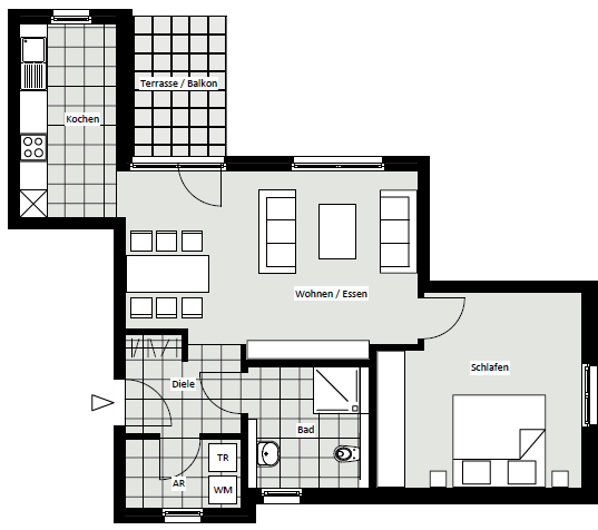 3,5 Zimmerwohnung links ca. 89,00 m² Die Zeichnungen sind nicht für die Bestellung von Möbeln geeignet. Hierzu ist ein gesondertes Aufmaß erforderlich.