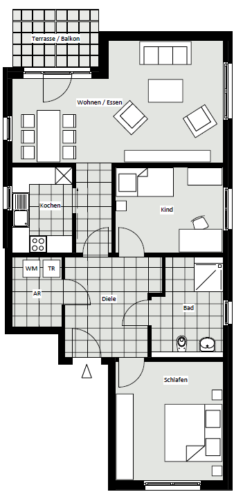 3,5 Zimmerwohnung rechts ca. 89,00 m² Die Zeichnungen sind nicht für die Bestellung von Möbeln geeignet. Hierzu ist ein gesondertes Aufmaß erforderlich.