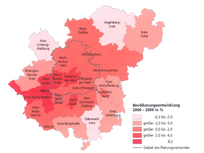 Bevölkerungsentwicklung 5,5 Mio E in der Metropolregion Frankfurt Rhein-Main kontinuierliches Bevölkerungswachstum, v.a. durch Wanderungsgewinne im Kern der Region regionaler Zuzugstrend hält voraussichtlich bis mind.