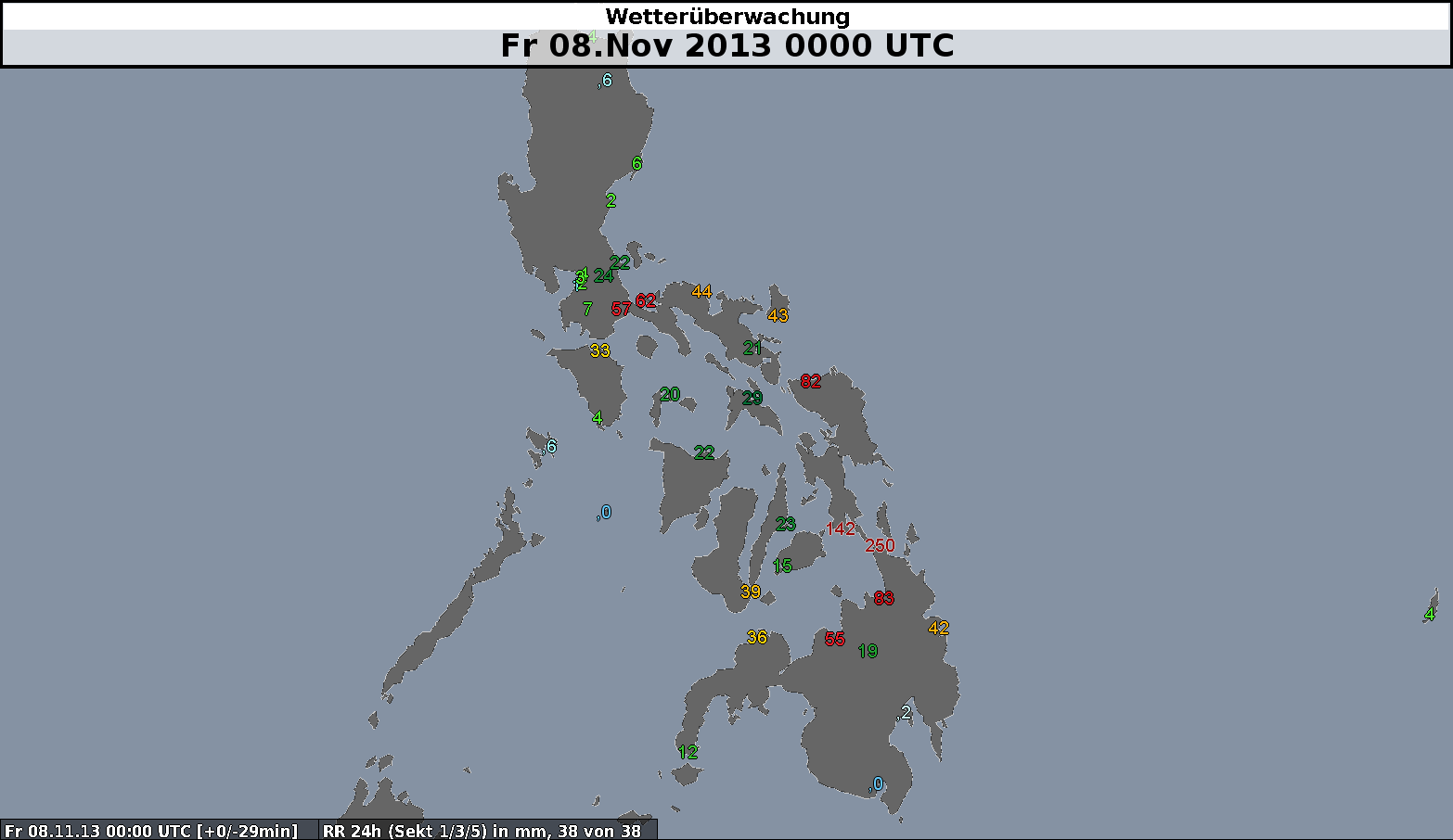 Abb. 6: 24-stündige Niederschlagshöhen (in mm) an Wetterstationen auf den Philippinen. Oben: vom 7. November 2013, 00 UTC bis 8. November 2013, 00 UTC. Unten: vom 8.