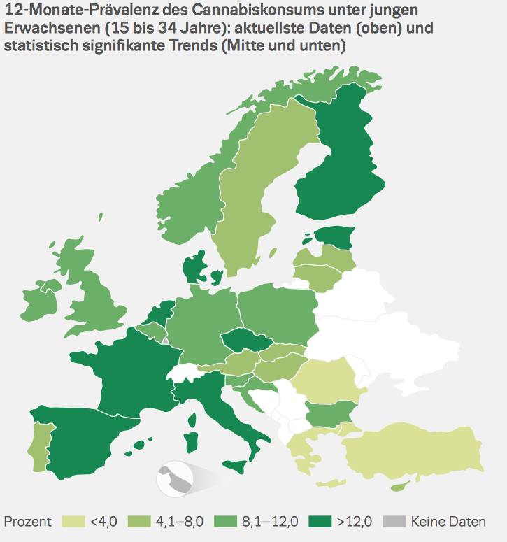 Prävalenz des Cannabiskonsums Europäischer Drogenbericht Cannabiskonsum in den letzten 12 Monaten (16 34 Jahre) Erwachsene