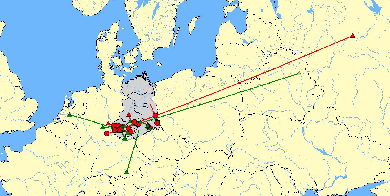 128 Diskussion Fernansiedlungen: Ein Jungvogel, der in Thüringen erbrütet worden war, wurde tot bei Kaliningrad gefunden (1.775 km Entfernung).