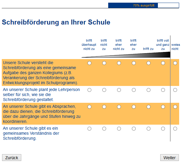 Auszug aus dem Fragebogen für Schulen Siehe auch Elternfragebogen, Fragen zu Schreibstrategien oder zu den Zielen der