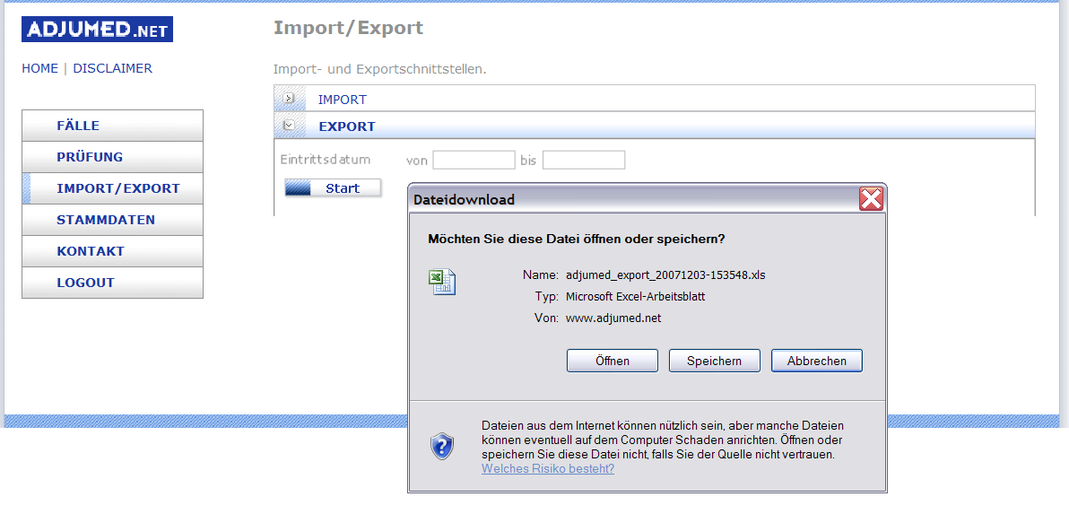 Import (standard/frei) / Export (Excel)