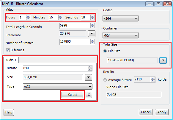 Dann auf Save gehen unddas AviSynth script (am besten unter dem Namen des Films) speichern. Unter MeGUI auf Tools und dann auf Bitrate Calculator gehen.