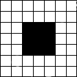Abbildung 7: Beispiel einer morphologischen Operation (Dilatation) in allen drei Bildern der einzige Vordergrundbildpunkt, somit ist die Distanz in diesem Bildpunkt gleich 0.