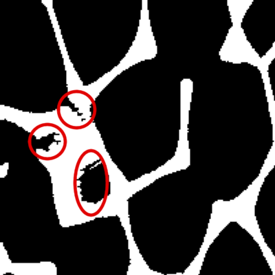 Abbildung 31: Artefakte im Modell. Links: Komplette Scheibe, Rechts: Detail Werte kann eine Funktion erstellt werden, nach der die Größe des Strukturelementes dann zusätzlich vergrößert wird.