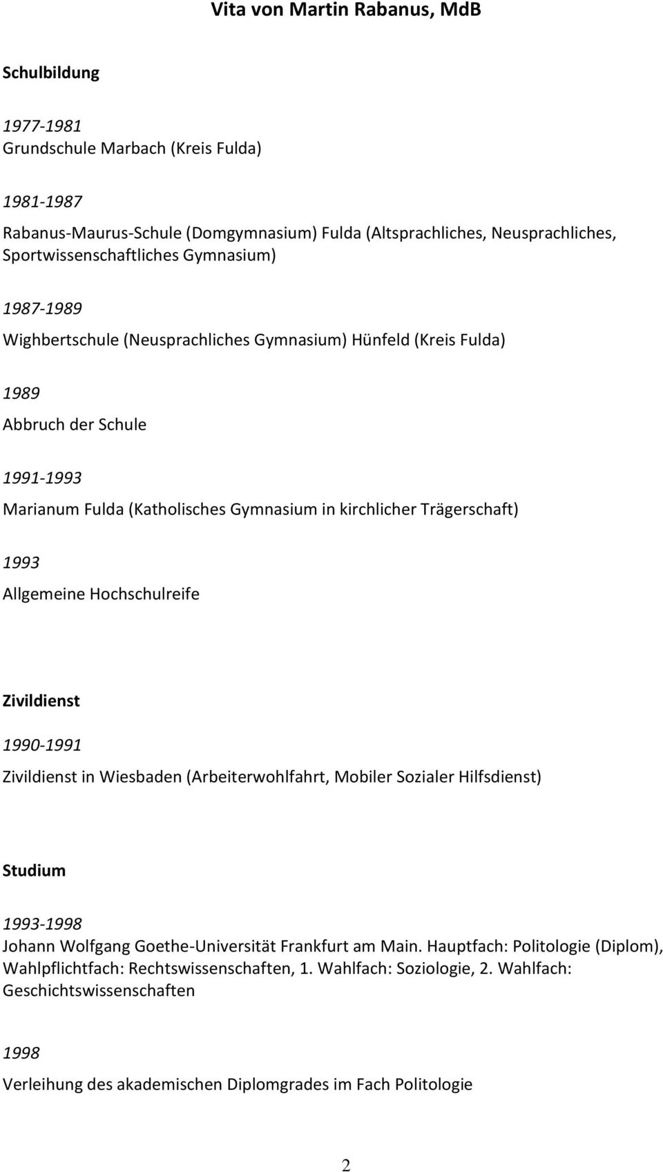 Hochschulreife Zivildienst 1990-1991 Zivildienst in Wiesbaden (Arbeiterwohlfahrt, Mobiler Sozialer Hilfsdienst) Studium 1993-1998 Johann Wolfgang Goethe-Universität Frankfurt am Main.