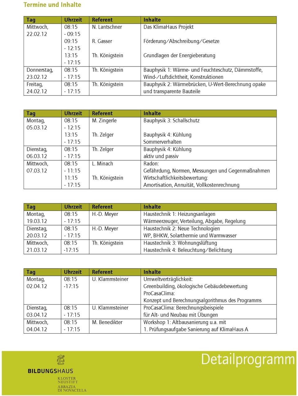 Königstein Bauphysik 2: Wärmebrücken, U-Wert-Berechnung opake und transparente Bauteile Montag, 05.03.12-12:15 13:15 M. Zingerle Th.