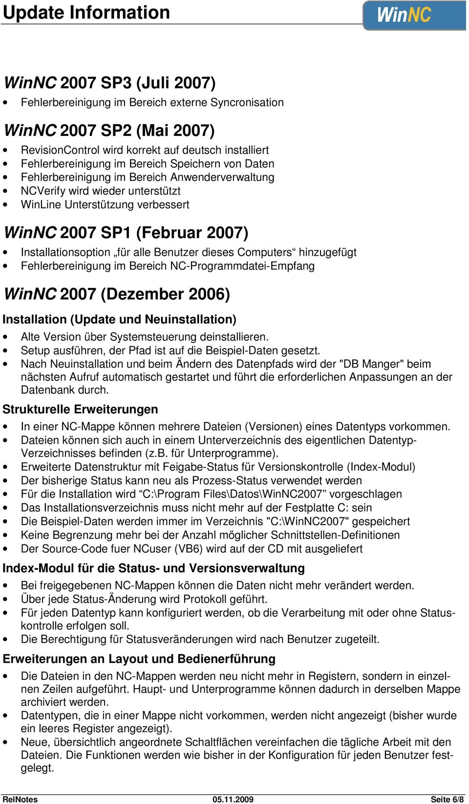 Computers hinzugefügt Fehlerbereinigung im Bereich NC-Programmdatei-Empfang WinNC 2007 (Dezember 2006) Installation (Update und Neuinstallation) Alte Version über Systemsteuerung deinstallieren.