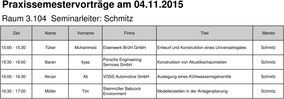 Universalregales Schmitz 15:30-16:00 Baran Ilyas Porsche Engineering Services GmbH Konstruktion von