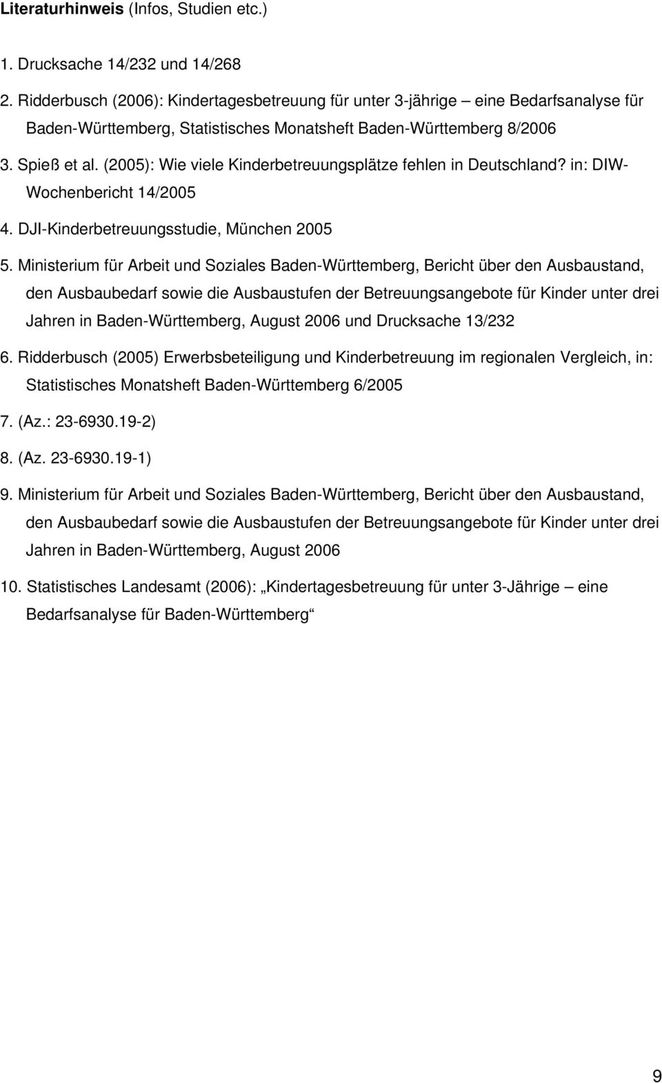 (2005): Wie viele Kinderbetreuungsplätze fehlen in Deutschland? in: DIW- Wochenbericht 14/2005 4. DJI-Kinderbetreuungsstudie, München 2005 5.