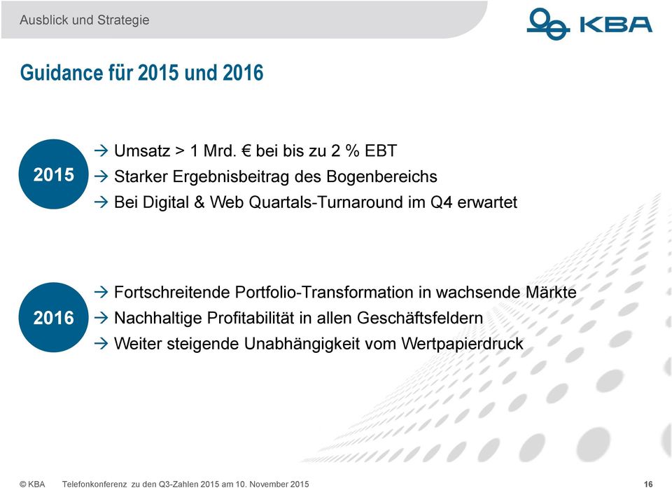 erwartet 2016 Fortschreitende Portfolio-Transformation in wachsende Märkte Nachhaltige Profitabilität in