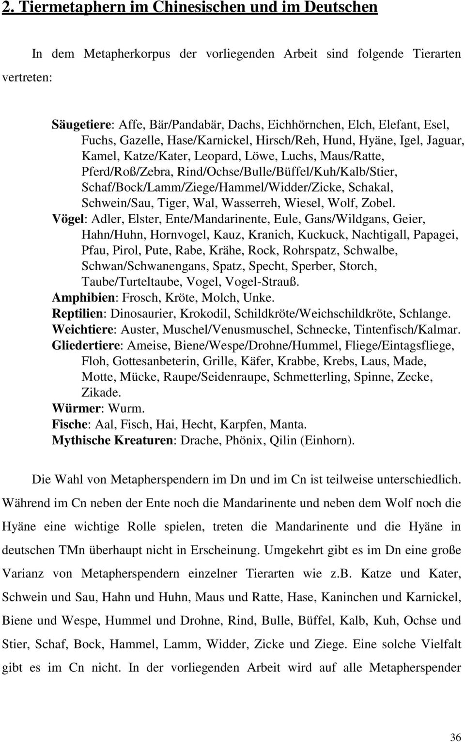 Schaf/Bock/Lamm/Ziege/Hammel/Widder/Zicke, Schakal, Schwein/Sau, Tiger, Wal, Wasserreh, Wiesel, Wolf, Zobel.