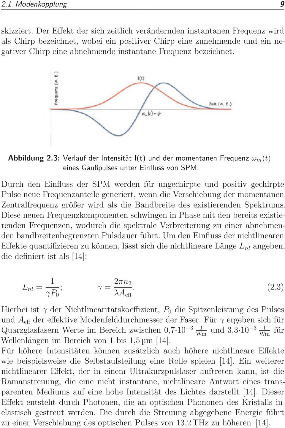 bezeichnet. Abbildung 2.3: Verlauf der Intensität I(t) und der momentanen Frequenz ω m (t) eines Gaußpulses unter Einfluss von SPM.