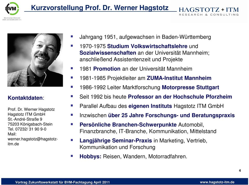Projekte 1981 Promotion an der Universität Mannheim 1981-1985 Projektleiter am ZUMA-Institut Mannheim 1986-1992 Leiter Marktforschung Motorpresse Stuttgart Kontaktdaten: Prof. Dr.
