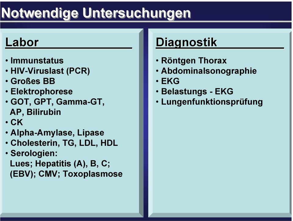 Cholesterin, TG, LDL, HDL Serologien: Lues; Hepatitis (A), B, C; (EBV); CMV;