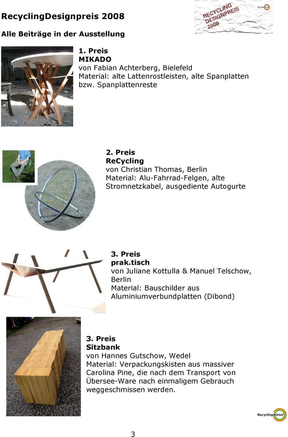 Preis ReCycling von Christian Thomas, Berlin Material: Alu-Fahrrad-Felgen, alte Stromnetzkabel, ausgediente Autogurte 3. Preis prak.