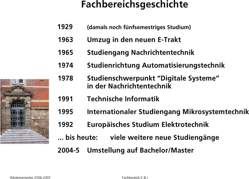 Systeme in der Nachrichtentechnik 1991 Technische Informatik 1995 Internationaler Studiengang Mikrosystemtechnik
