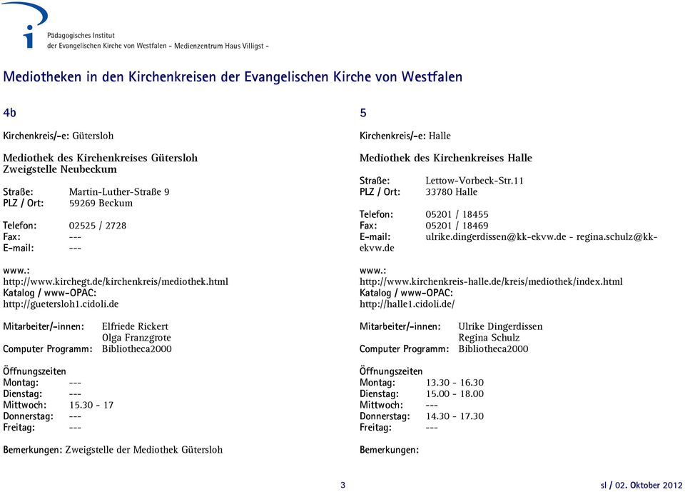 30-17 Donnerstag: --- Bemerkungen: Zweigstelle der Mediothek Gütersloh 5 Kirchenkreis/-e: Halle Mediothek des Kirchenkreises Halle Straße: PLZ / Ort: Lettow-Vorbeck-Str.