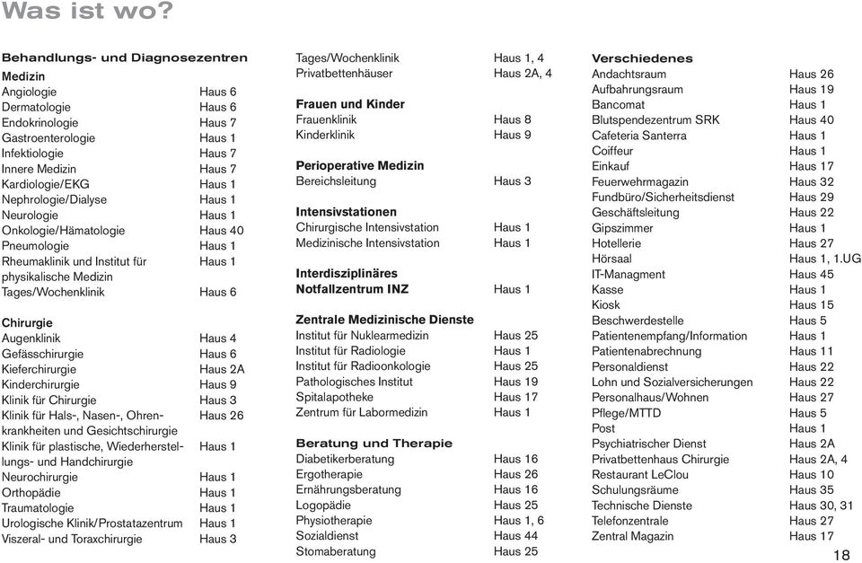 Nephrologie/Dialyse Haus 1 Neurologie Haus 1 Onkologie/Hämatologie Haus 40 Pneumologie Haus 1 Rheumaklinik und Institut für Haus 1 physikalische Medizin Tages/Wochenklinik Haus 6 Chirurgie