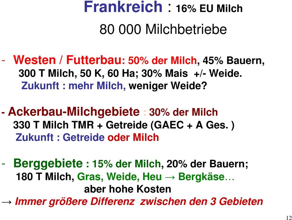 - Ackerbau-Milchgebiete : 30% der Milch 330 T Milch TMR + Getreide (GAEC + A Ges.