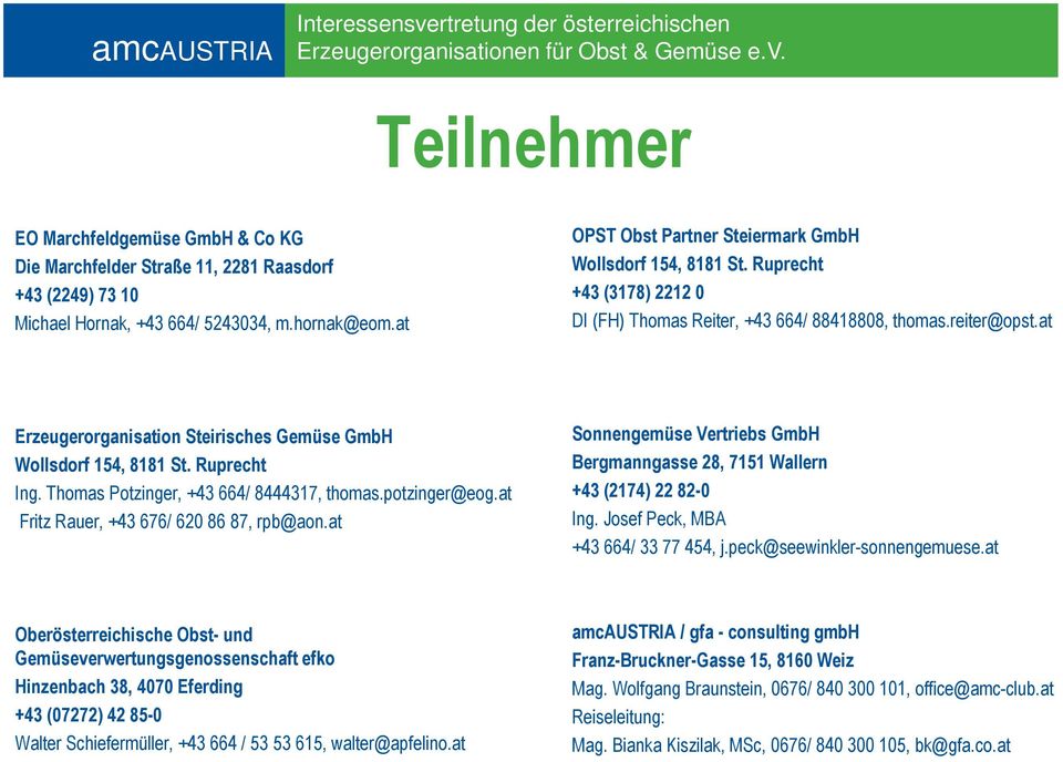 at Erzeugerorganisation Steirisches Gemüse GmbH Wollsdorf 154, 8181 St. Ruprecht Ing. Thomas Potzinger, +43 664/ 8444317, thomas.potzinger@eog.at Fritz Rauer, +43 676/ 620 86 87, rpb@aon.