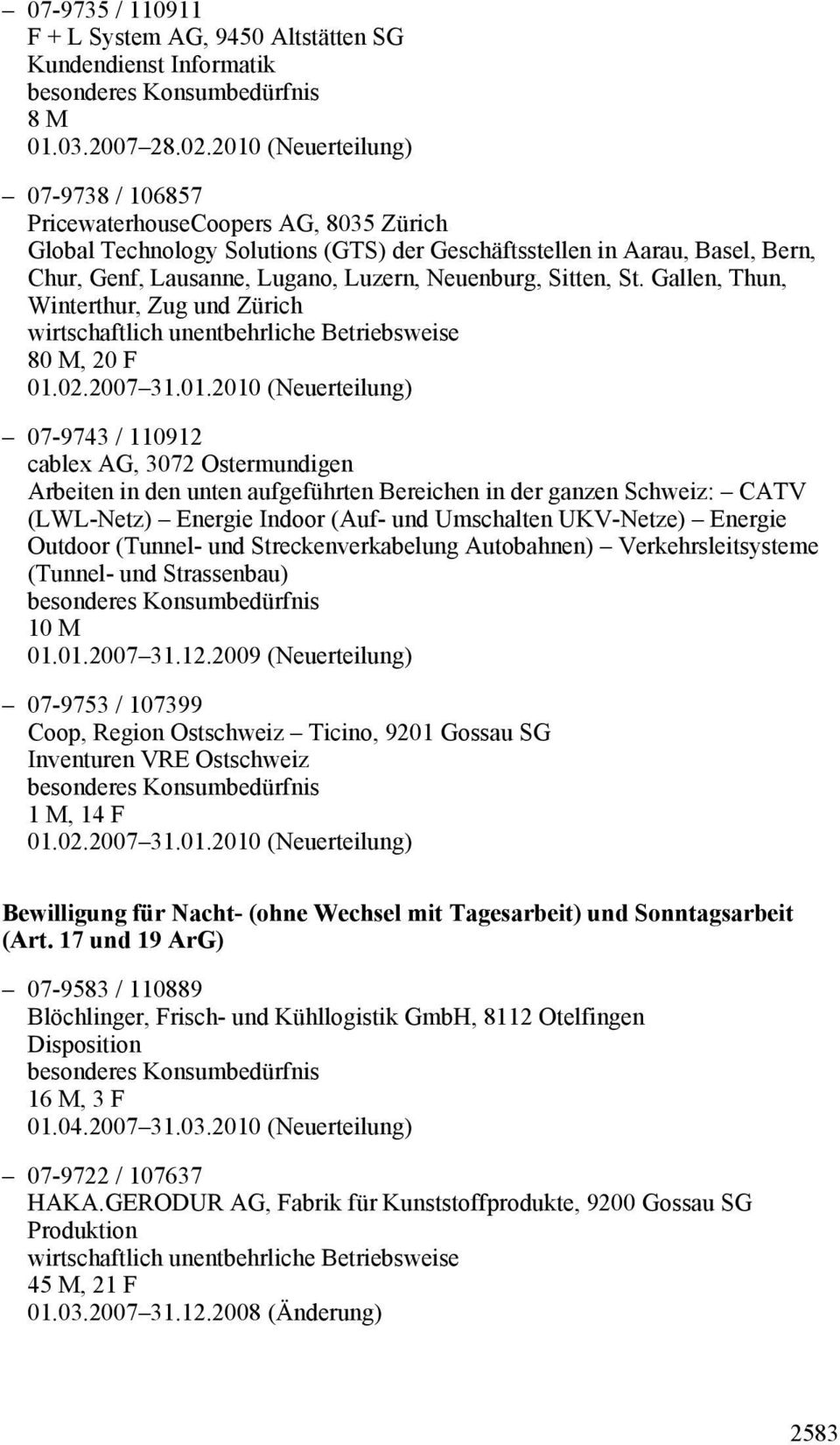 Neuenburg, Sitten, St. Gallen, Thun, Winterthur, Zug und Zürich 80 M, 20 F 01.