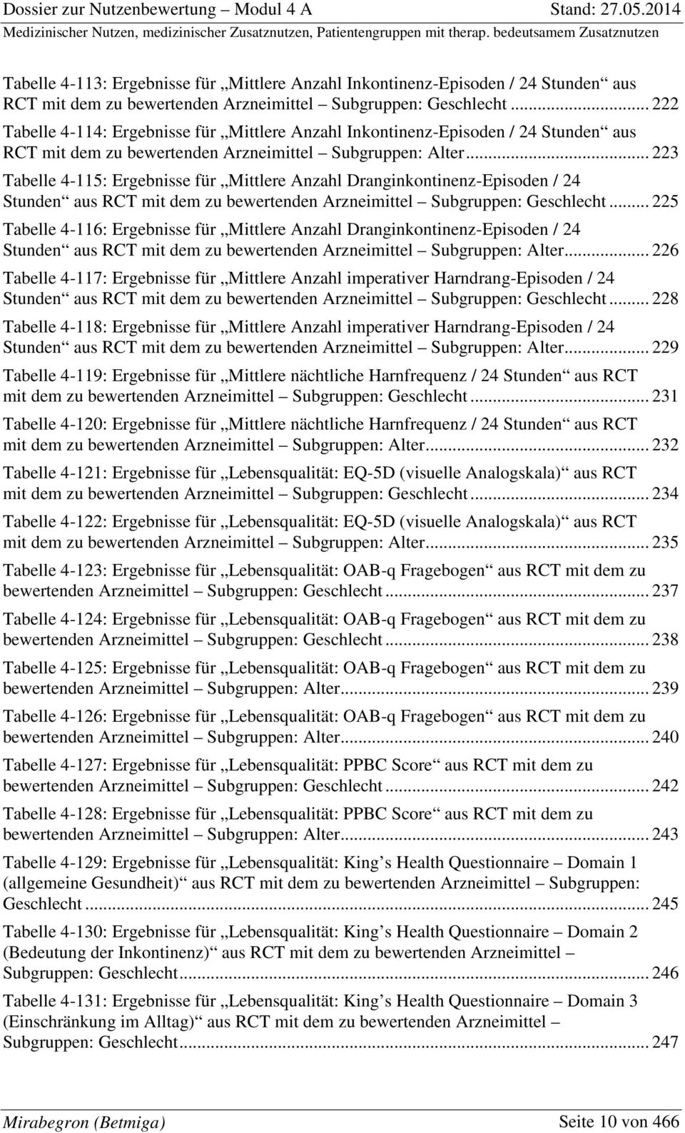.. 223 Tabelle 4-115: Ergebnisse für Mittlere Anzahl Dranginkontinenz-Episoden / 24 Stunden aus RCT mit dem zu bewertenden Arzneimittel Subgruppen: Geschlecht.