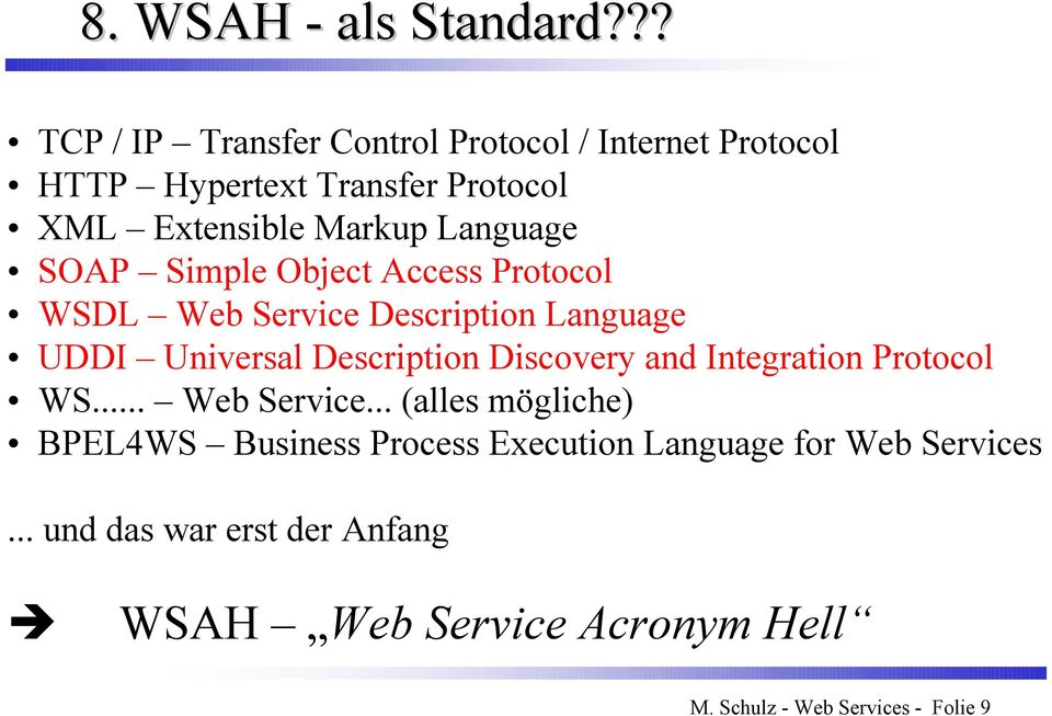 Markup Language SOAP Simple Object Access Protocol WSDL Web Description Language UDDI Universal Description