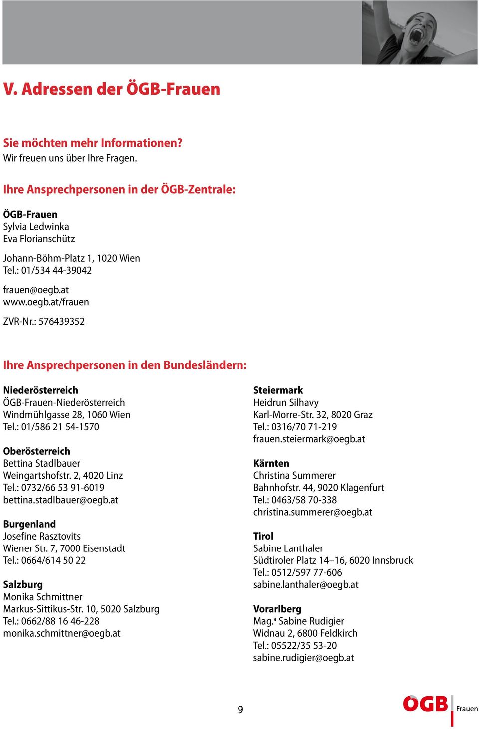 : 576439352 Ihre Ansprechpersonen in den Bundesländern: Niederösterreich ÖGB-Frauen-Niederösterreich Windmühlgasse 28, 1060 Wien Tel.
