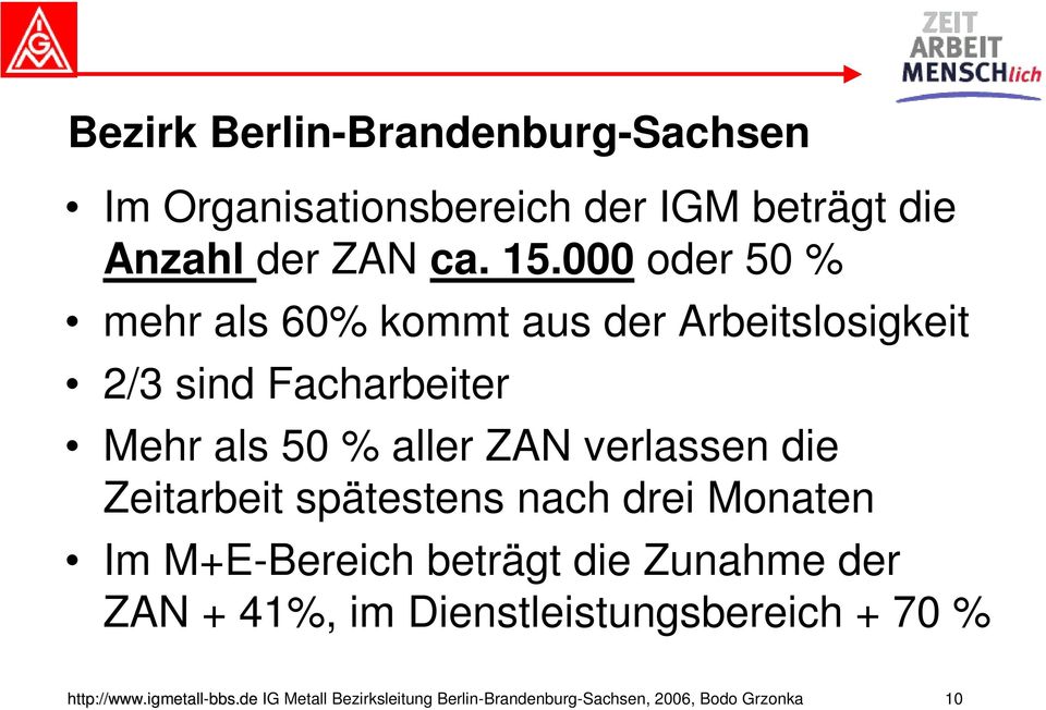 verlassen die Zeitarbeit spätestens nach drei Monaten Im M+E-Bereich beträgt die Zunahme der ZAN + 41%,