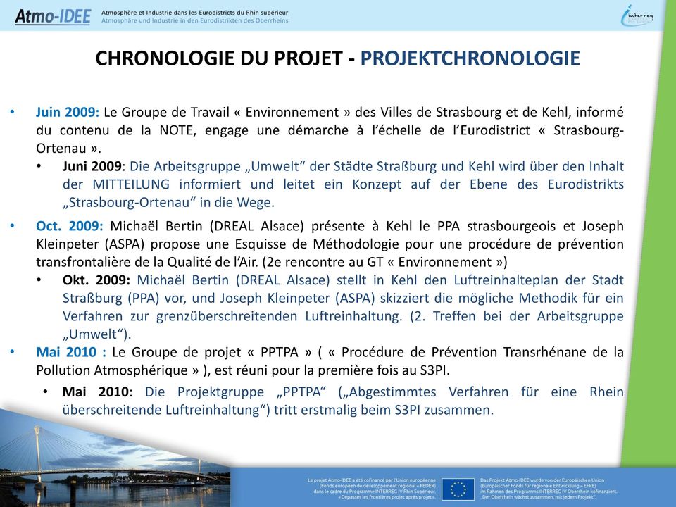 Juni 2009: Die Arbeitsgruppe Umwelt der Städte Straßburg und Kehl wird über den Inhalt der MITTEILUNG informiert und leitet ein Konzept auf der Ebene des Eurodistrikts Strasbourg-Ortenau in die Wege.